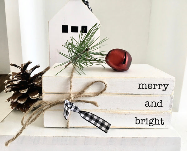 Wood Christmas book stack for holiday tiered tray