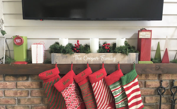 Large family stocking holder, personalized, red lettering, Gray box, Christmas decor, Rustic, Farmhouse, Stocking hanger, Stocking hooks
