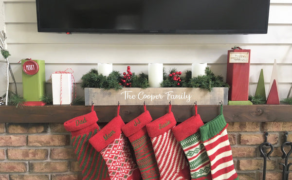 Personalized family stocking holder box, Christmas mantle