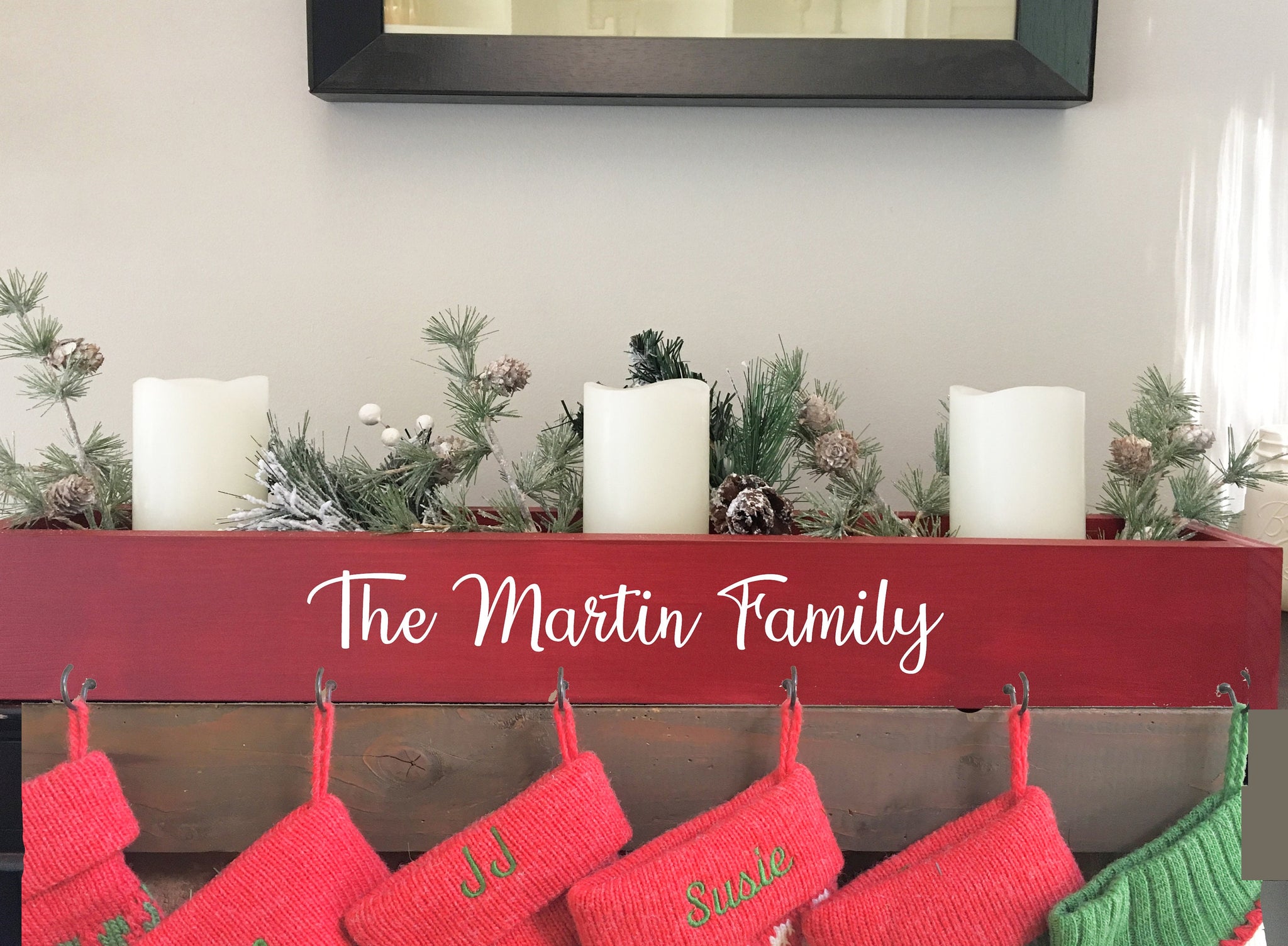 Personalized family stocking holder, mantle box, Christmas decor, farmhouse, gray, white, wood, red