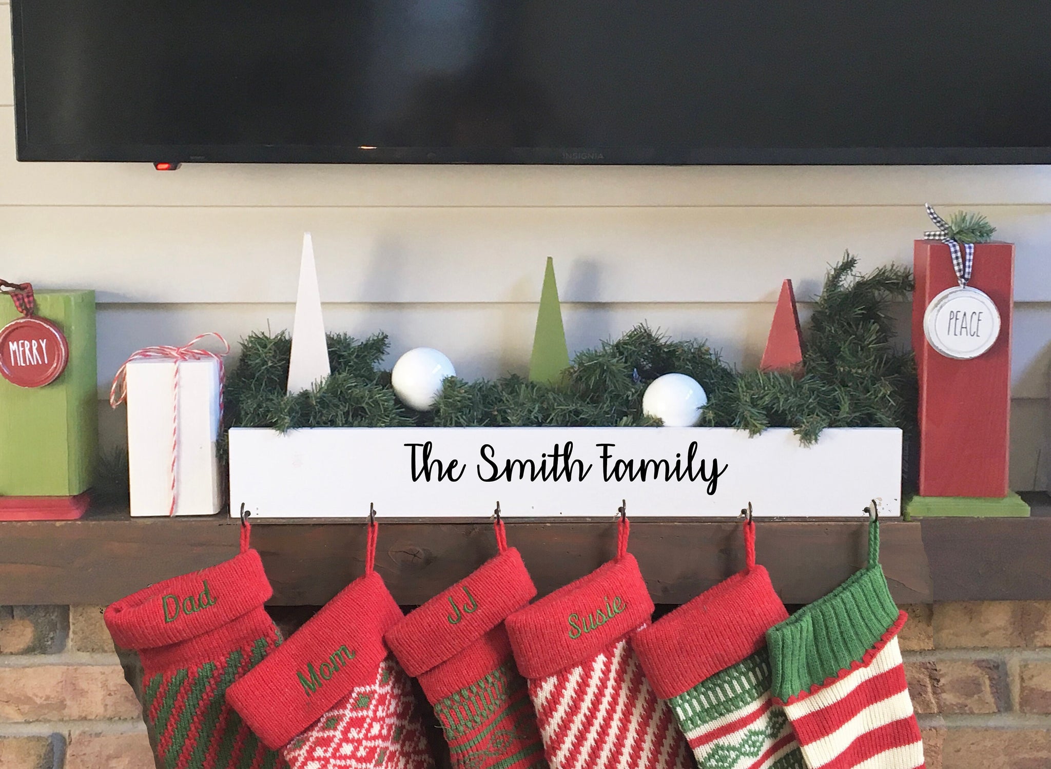 Stocking holder, Mantle, Family stocking, Wood box, Christmas decor, White stocking hooks, Farmhouse Christmas, hanger, personalized