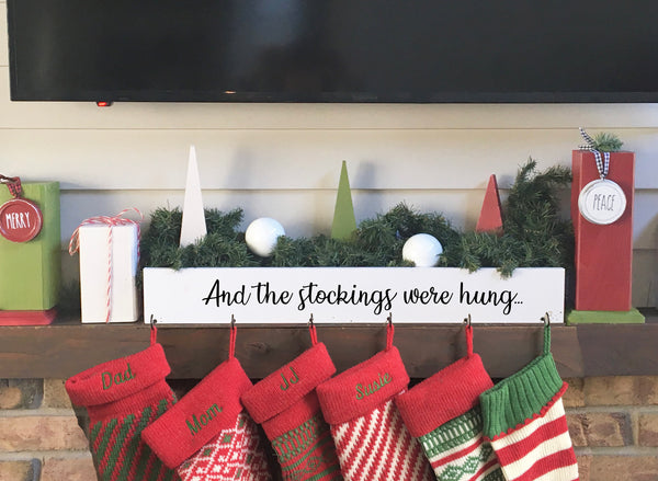 Large family stocking holder, Mantle, Wood box, Christmas decor, White stocking hooks, Farmhouse Christmas, hanger, personalized