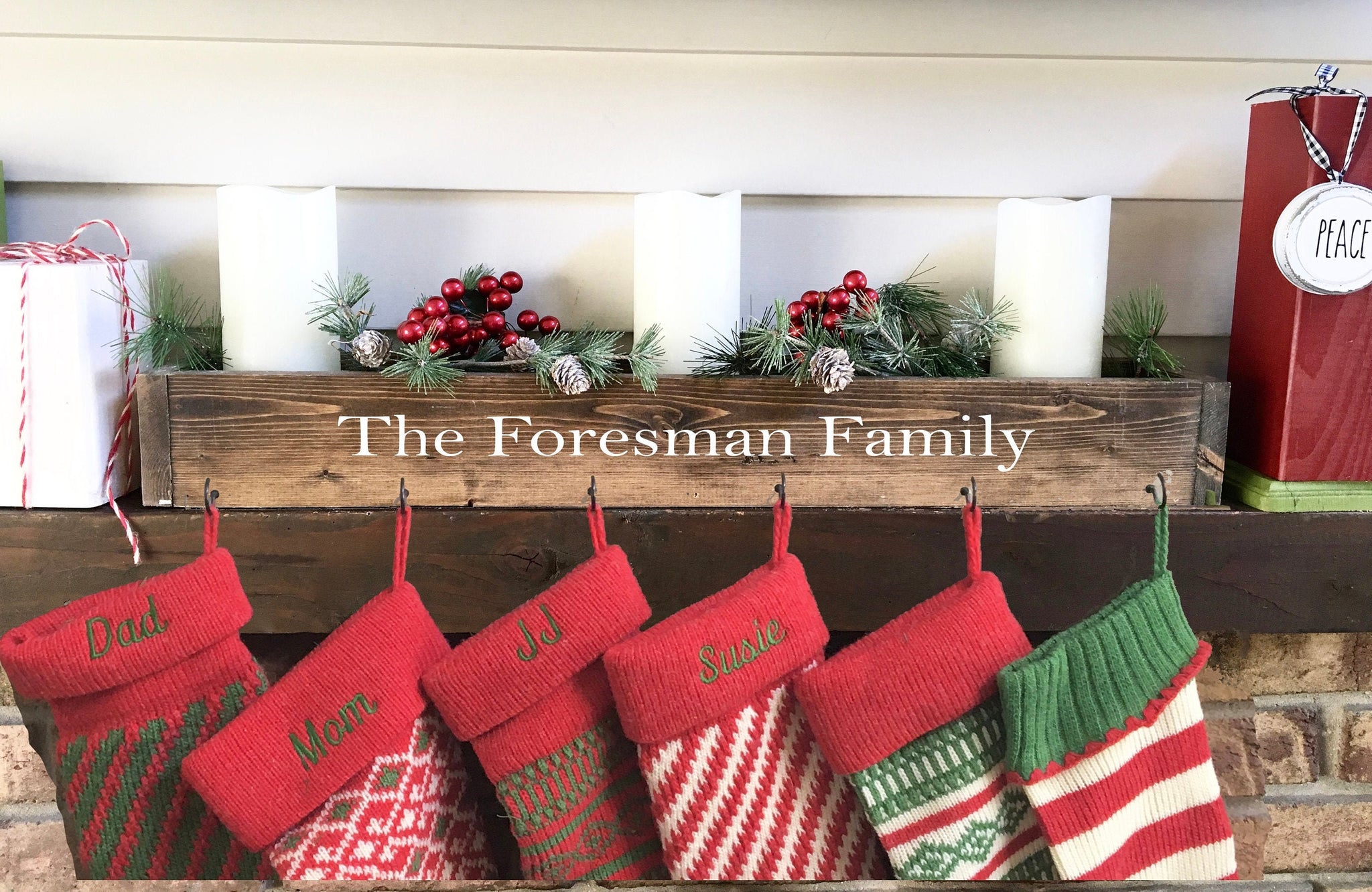 Large family stocking holder, Christmas decor, Wooden box stocking holder, mantle, Personalized, Stocking hooks, mantle decor,