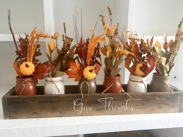 fall centerpiece, wooden table box, Thanksgiving decor, mason jars, rustic farmhouse table box