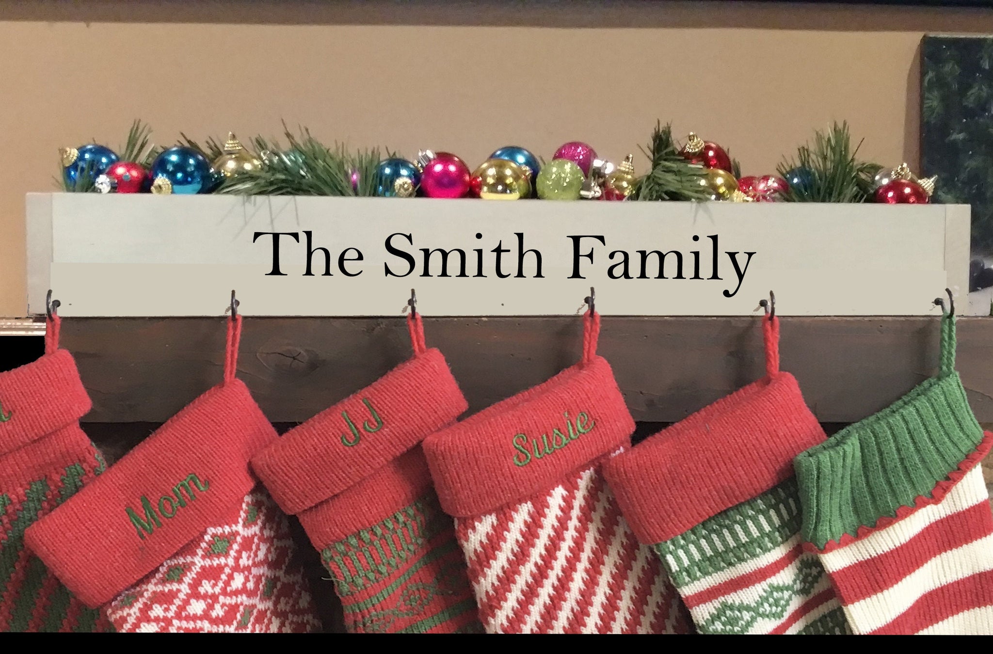 family stocking holder, mantle stocking hooks, Christmas decor, rustic, farmhouse decor, box stocking holder, stocking hanger, personalized,