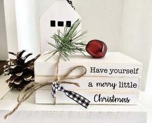 Wood Christmas book stack for holiday tiered tray