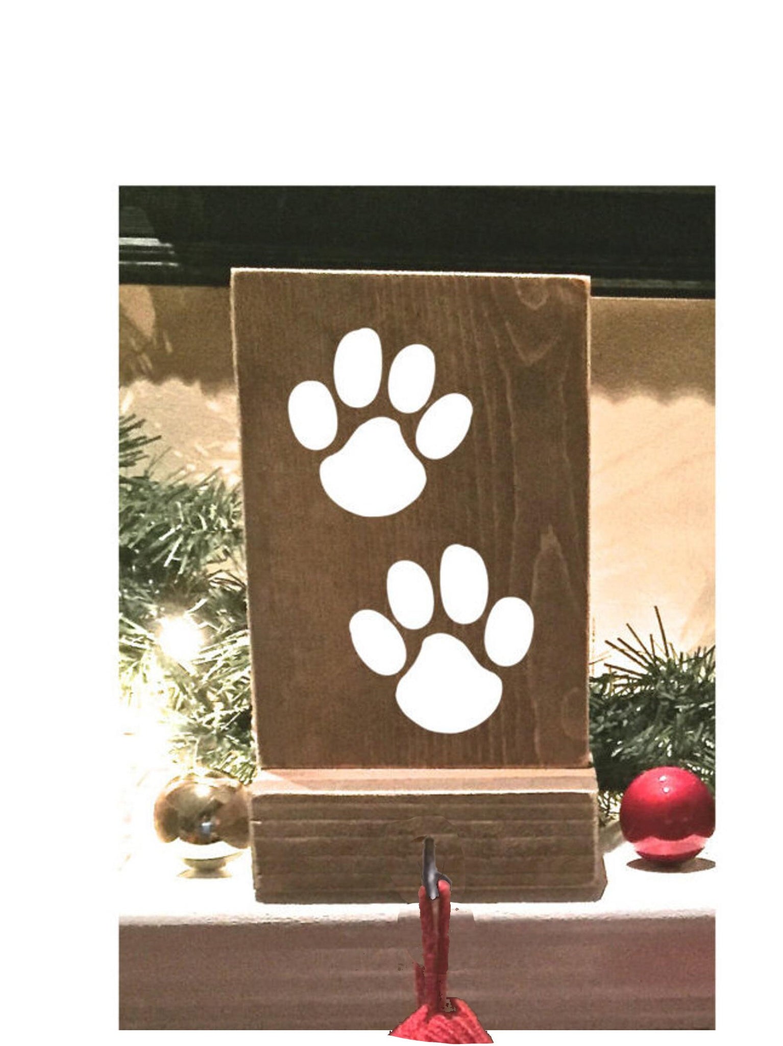 Stocking holder, reclaimed wood, pet stocking holder, mantle stocking, rustic Christmas, white stockings, dog stocking holder, paw print