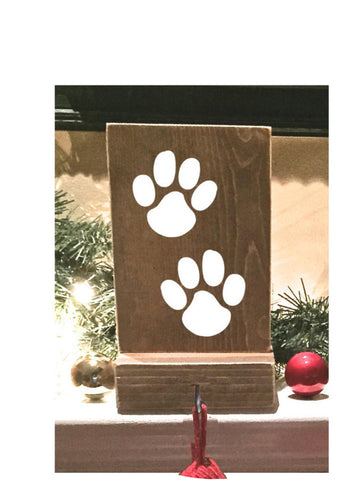 Stocking holder, reclaimed wood, pet stocking holder, mantle stocking, rustic Christmas, white stockings, dog stocking holder, paw print