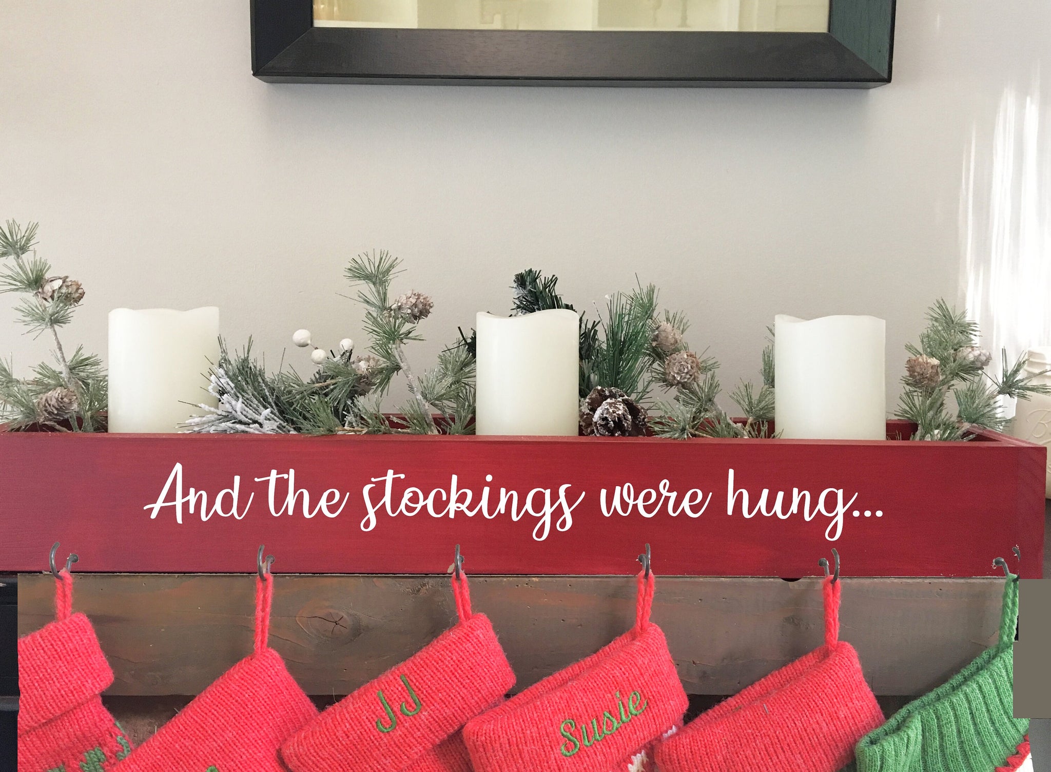 large family stocking holder, wooden box, Christmas, stocking hanger, pet stocking hook, and the stockings were hung