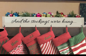 Large family stocking holder, and the stockings were hung, Christmas box for mantle