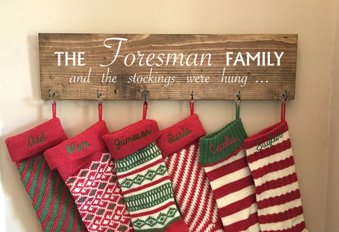 Family stocking holder, no mantle, hanging stocking hooks