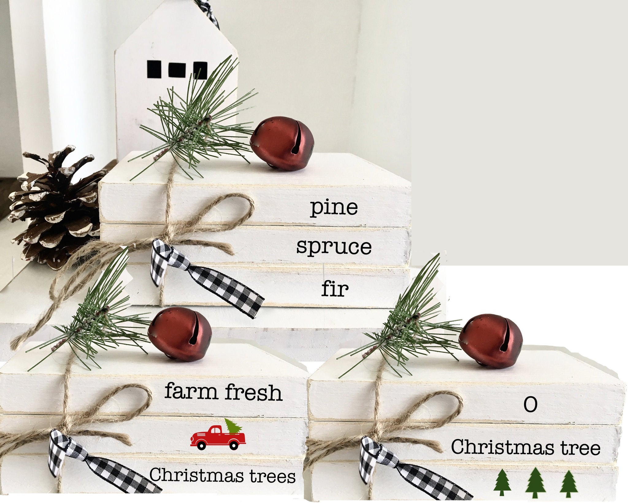 Christmas tree book bundle, mini book stack, farm fresh, Christmas, farmhouse, faux books, red truck, teacher gift, housewarming, wooden