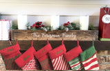 Personalized family stocking holder, mantle box, Christmas decor, farmhouse, gray, white, wood, red