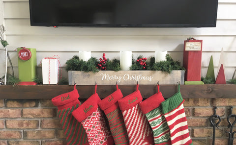 family stocking hooks, wall stocking holder, Christmas decor, no mantle, farmhouse decor, reclaimed wood, stocking hanger, Merry Christmas