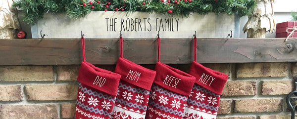 Large family stocking holder, personalized, red lettering, Gray box, Christmas decor, Rustic, Farmhouse, Stocking hanger, Stocking hooks