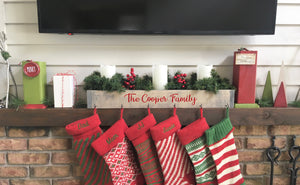 Family stocking holder, personalized, red lettering, Gray box, Christmas decor, Rustic, Farmhouse, Stocking hanger, Stocking hooks