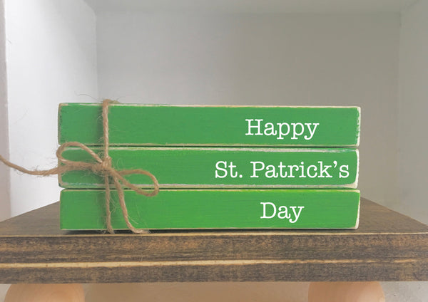 St. Patrick's day decor, mini book bundle, book stack, wooden shamrock, farmhouse, faux books, wooden books, tiered tray decor, shelf sitter