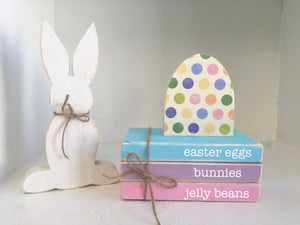 Wood books, mini book stack, Easter decor, farmhouse decor, faux books, set of 3, wooden bunny, Easter books, wood Easter egg, housewarming