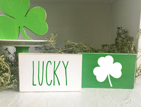 St. Patrick's day decor, wooden sign, small tiered tray sign, St. Patty's day, rustic, holiday, seasonal, wooden block, lucky, shamrock