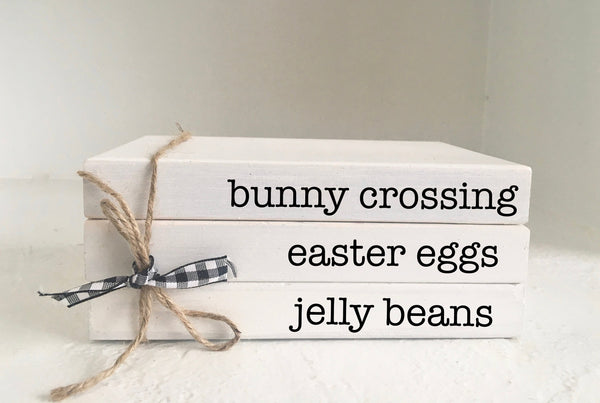 Wood books, mini book stack, Easter decor, farmhouse decor, faux books, Tiered tray decor, wooden bunny, Easter books, wooden books