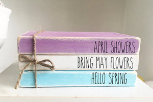 Mini book bundle, book stack, Spring books,  April showers, Easter decor, Farmhouse, Faux books, Wooden books, Tiered tray, coffee bar
