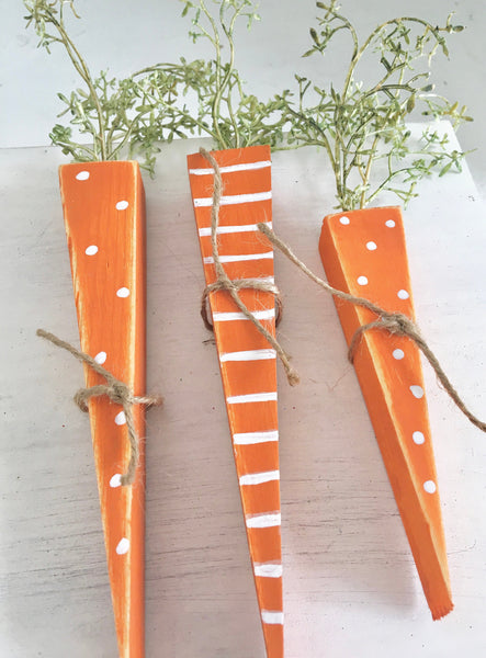 Wooden carrots- Set of 3- Rustic carrots- Easter decor- Tiered shelf decor- Easter- Polka dot carrot- Stripes- Farmhouse
