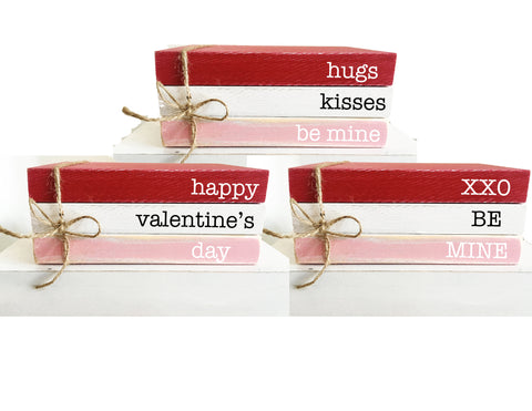 mini book bundle, mini book stack, be my valentine, Valentine's day decor, farmhouse, red books, faux books, Valentines gift, wooden books