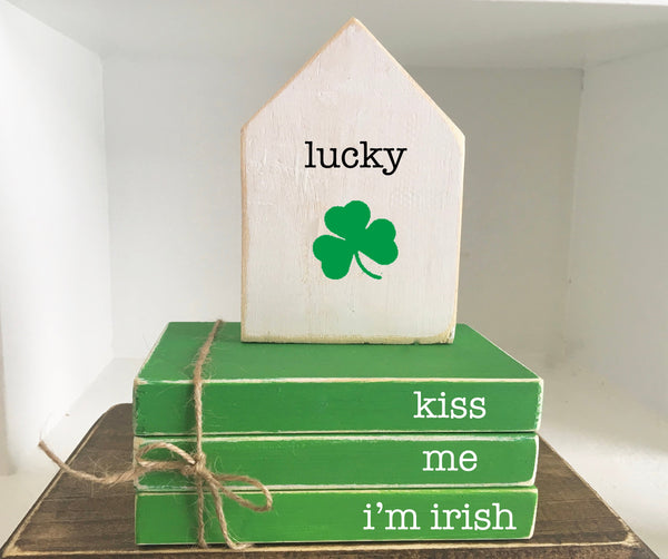 mini book bundle, mini book stack, St. Patricks day books, lucky, wooden house,  farmhouse, faux books, wooden books, tiered tray decor
