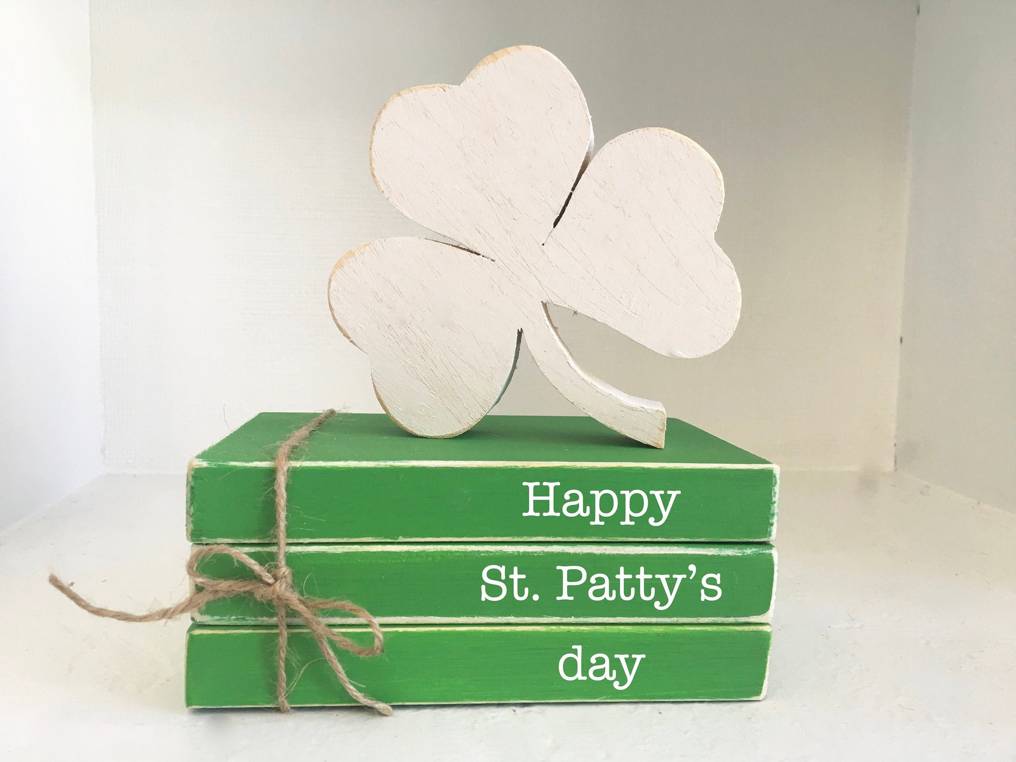 St. Patrick's day decor, mini book bundle, book stack, wooden shamrock, farmhouse, faux books, wooden books, tiered tray decor, shelf sitter