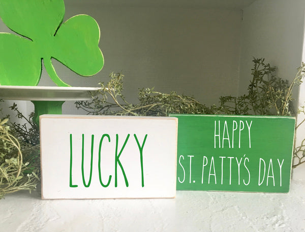 St. Patrick's day decor, wooden sign, small tiered tray sign, St. Patty's day, rustic, holiday, seasonal, wooden block, lucky, shamrock