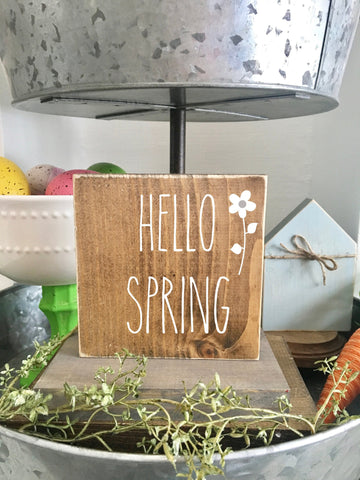 Tiered tray sign- mini- wooden sign, Easter decor- Spring- Easter sign-  Hello spring- Farmhouse-Tiered tray- coffee bar- wooden block