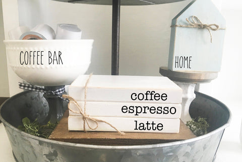 Wood books, mini book stack, coffee bar, farmhouse decor, faux books, tiered tray, kitchen decor, coffee, espresso, latte,  housewarming