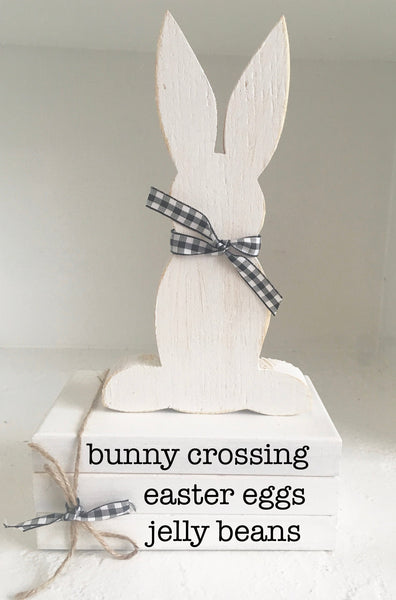 Wood books, mini book stack, Easter decor, farmhouse decor, faux books, Tiered tray decor, wooden bunny, Easter books, wooden books