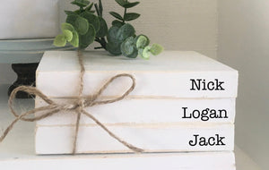 Personalized books- Book bundle- Mini book stack-  Farmhouse decor- Faux books- Set of 3- Wooden books-  Kids names-  Tiered tray decor