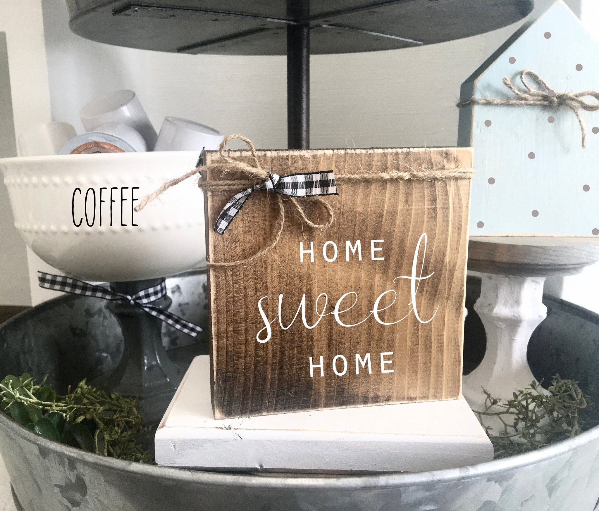 Home sweet home- Tiered tray sign- Coffee bar decor- Mini sign- Home decor- Housewarming gift- New home- Farmhouse- Wood sign- Wooden block