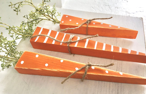Wooden carrots- Set of 3- Rustic carrots- Easter decor- Tiered shelf decor- Easter- Polka dot carrot- Stripes- Farmhouse