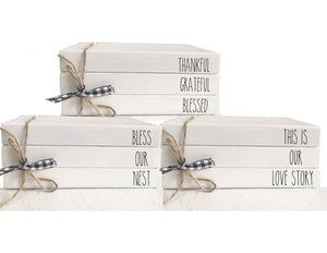 Wooden books- Mini book stack- Farmhouse decor- Faux books- Bless our nest- Tiered tray decor- Teacher gift- Housewarming- Rustic books