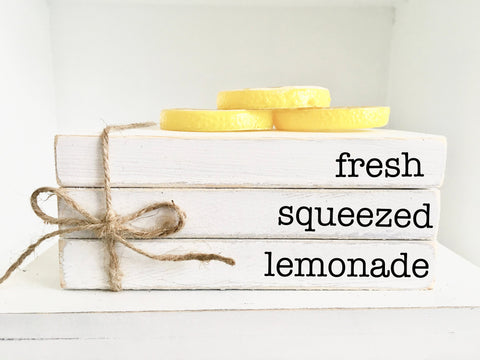 Wooden books, Mini book stack, Lemonade decor, Farmhouse decor, Faux books, Tiered tray decor, Summer books, Fresh squeezed lemonade