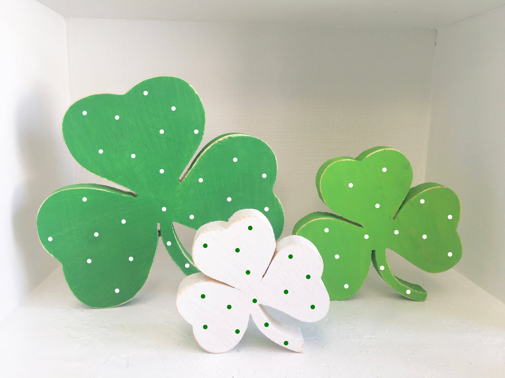 St. Patrick's day decor, wooden shamrocks, Tiered tray decor, St. Patty's day, polka dot shamrocks,  seasonal, wood, tiered tray decor