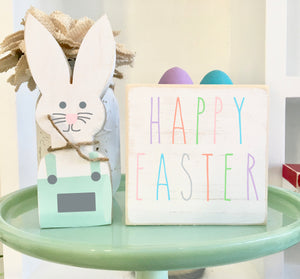 wood bunny with sign, Easter decor, Easter bunny, wood sign, Happy Easter, farmhouse decor, mini rabbit, tiered tray decor, tiered tray sign