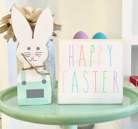 wood bunny with sign, Easter decor, Easter bunny, wood sign, Happy Easter, farmhouse decor, mini rabbit, tiered tray decor, tiered tray sign