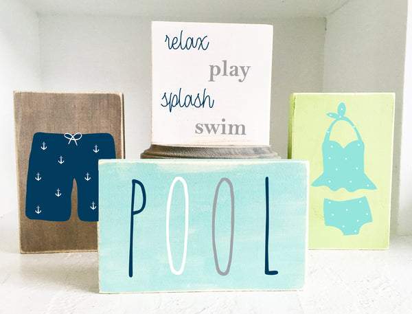 Pool sign bundle, Swim, Wooden signs, Tiered tray signs, Bathing suit sign, Summer decor, Tiered tray decor, Kitchen decor, Swim trunks