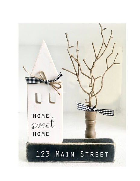 Wooden house, Farmhouse decor, Tiered tray sign, Housewarming gift, New home, Hostess gift, Wood house, Address sign, Tree, Home sweet home