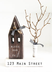 Wood house, Farmhouse decor, Tiered tray sign, Housewarming gift, New home, Hostess gift, Wooden house, Address sign, Tree, Home sweet home