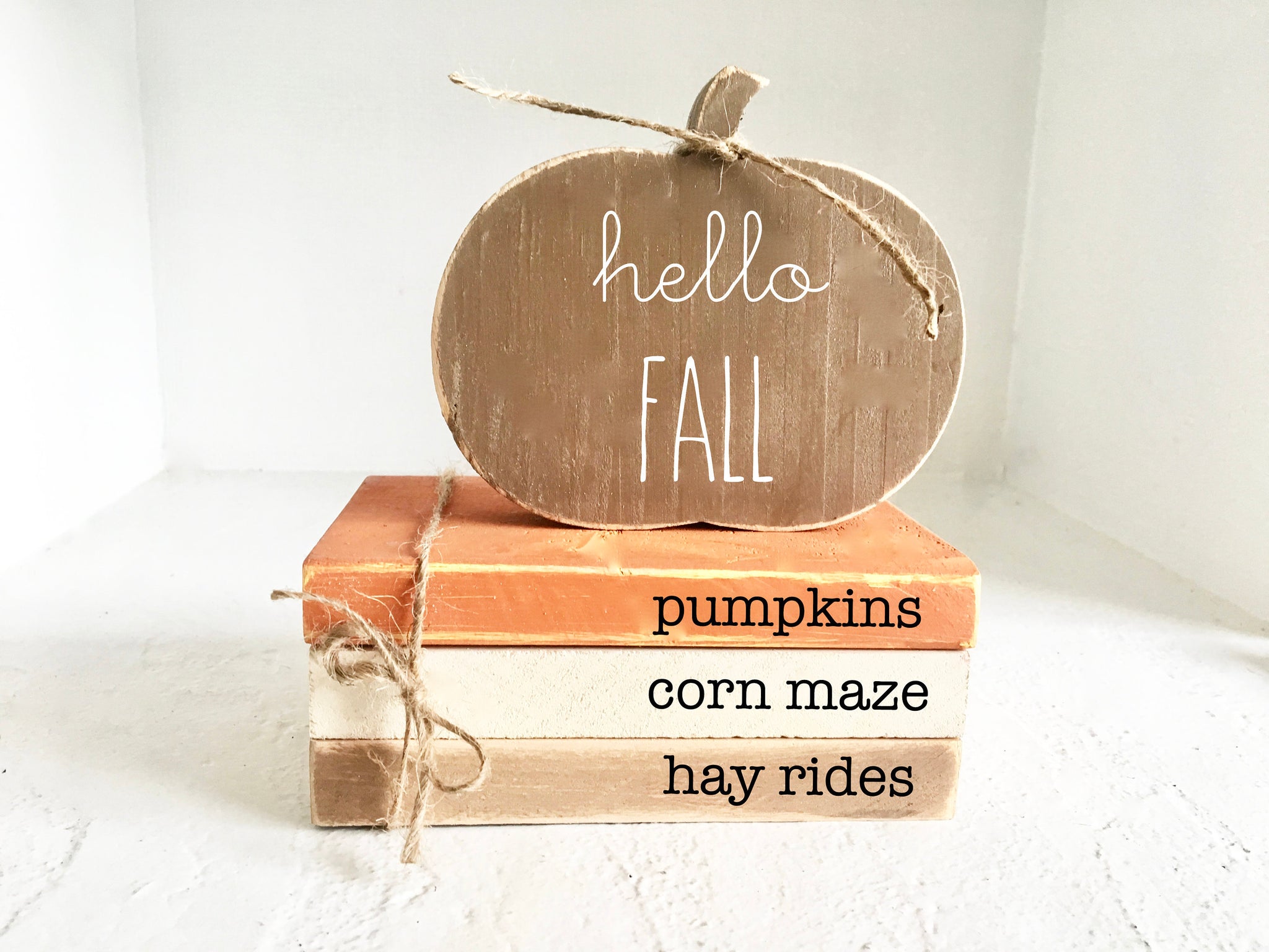 Wooden books, Fall decor, Wood books, Mini book bundle, Book stack, Tiered tray sign, Faux books, Tiered tray decor, Hello fall, Hay rides