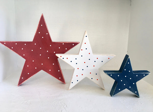 4th of July decor, wooden stars, patriotic , Memorial day, rustic, holiday, seasonal, wood, tiered tray decor, shelf sitter, polka dot stars