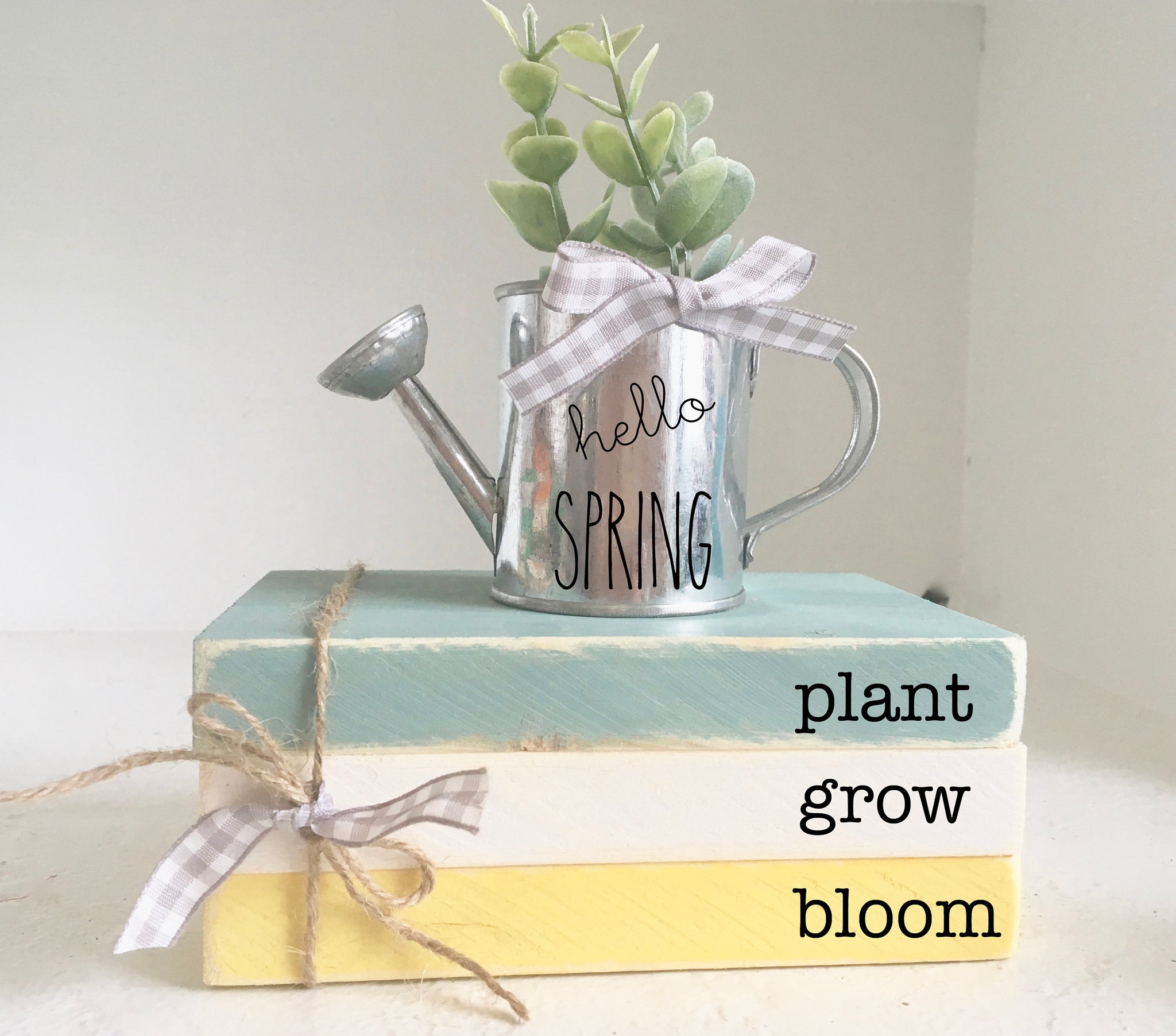 Wooden books, Spring decor, Mini book stack, Easter decor, Farmhouse decor, Faux books, Tiered tray decor, kitchen decor, Watering can