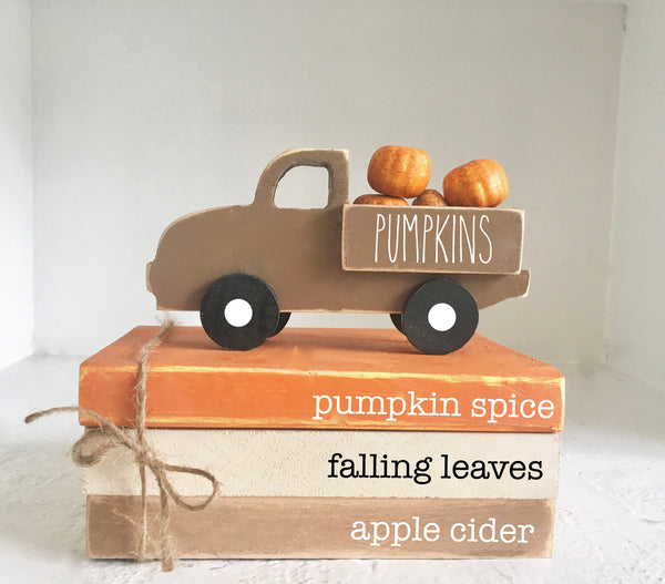 Fall tiered tray decor, Mini book stack with pumpkin truck, Wooden truck with pumpkins