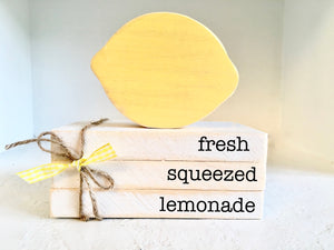 Lemonade, Mini book stack, Lemonade decor, Farmhouse decor, Faux books, Tiered tray decor, Summer,  Fresh squeezed lemonade, wooden lemon