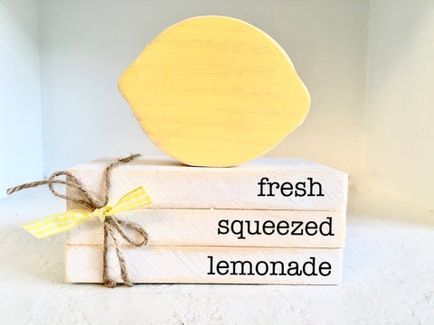 Lemonade, Mini book stack, Lemonade decor, Farmhouse decor, Faux books, Tiered tray decor, Summer,  Fresh squeezed lemonade, wooden lemon